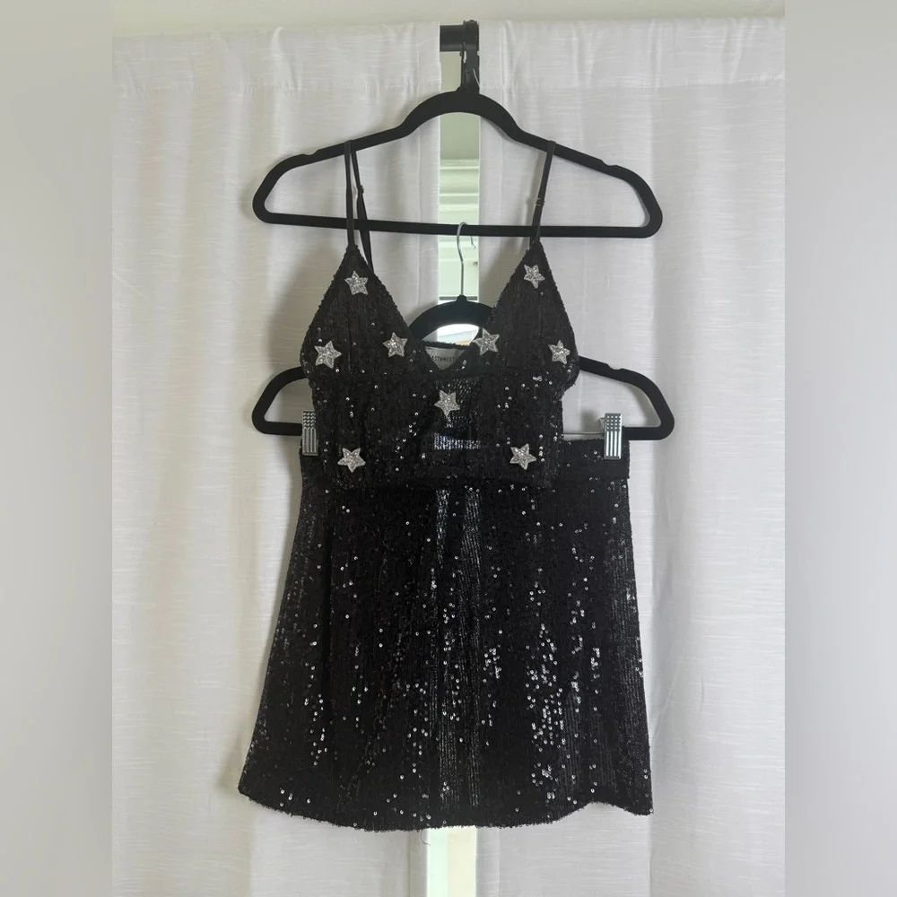East N West Label Black sequin star crop top & mini skirt set festival | Size M - Picture 9 of 17
